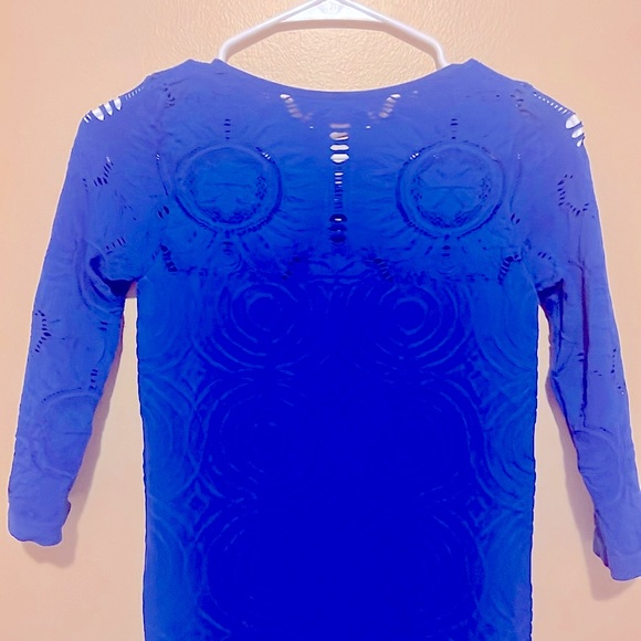 S/M Bodycon Dark Blue Dress OpenWork Round Neck two-third OpenWork Sleeve Mini - Picture 8 of 9